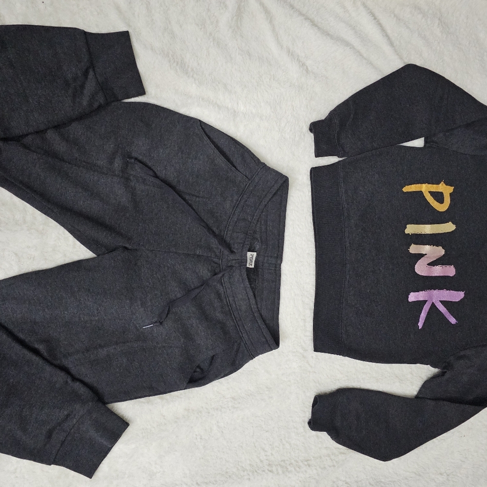 PINK Victoria's Secret Off-the-Shoulder Sweater Set- Gray & Multicolor Letters